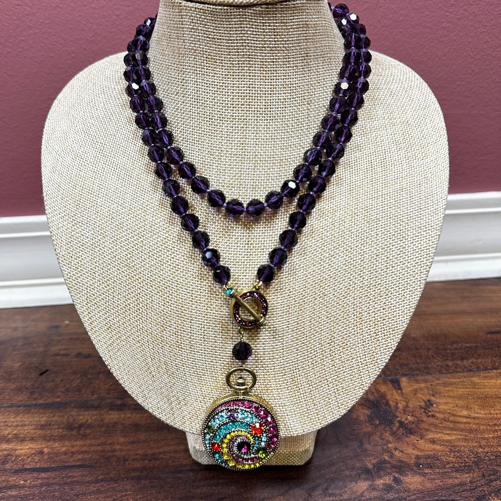 Heidi Daus Alice in Wonderland bright color pocket watch necklace purple crystal